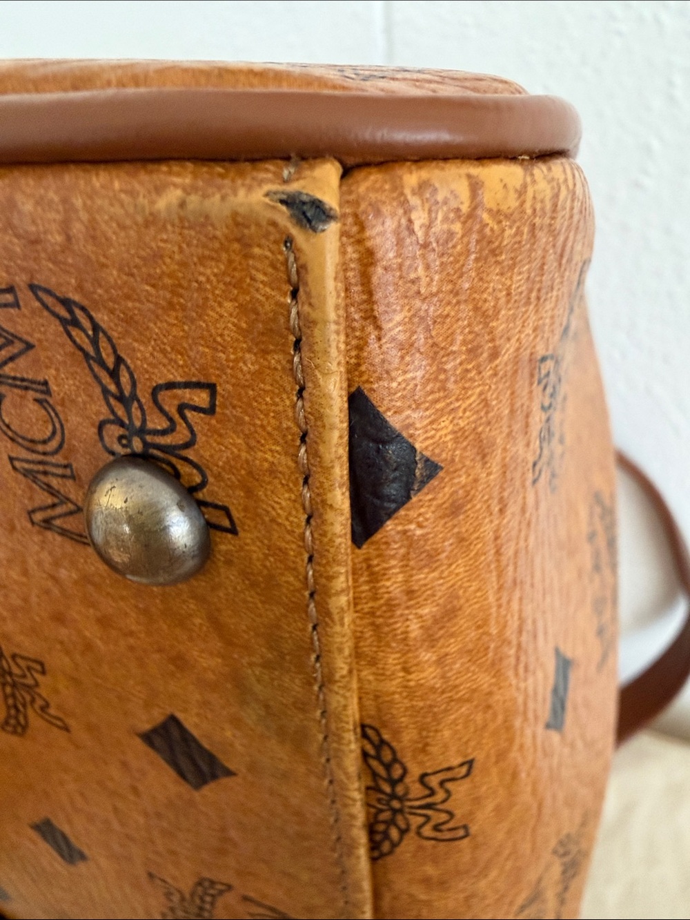 MCM Cognac Visetos coated canvas Logo Satchel w/2 Front Pockets - Picture 10 of 14